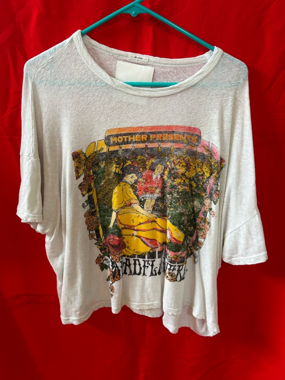 MOTHER White Short Sleeve Graphic Tee with Yellow and Pink Floral Scene
